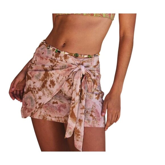 FREE PEOPLE Sweet As Beach Mini Skirt Sz 10 Sarong Wrap Tie Dye Multicolor Linen - Picture 2 of 13
